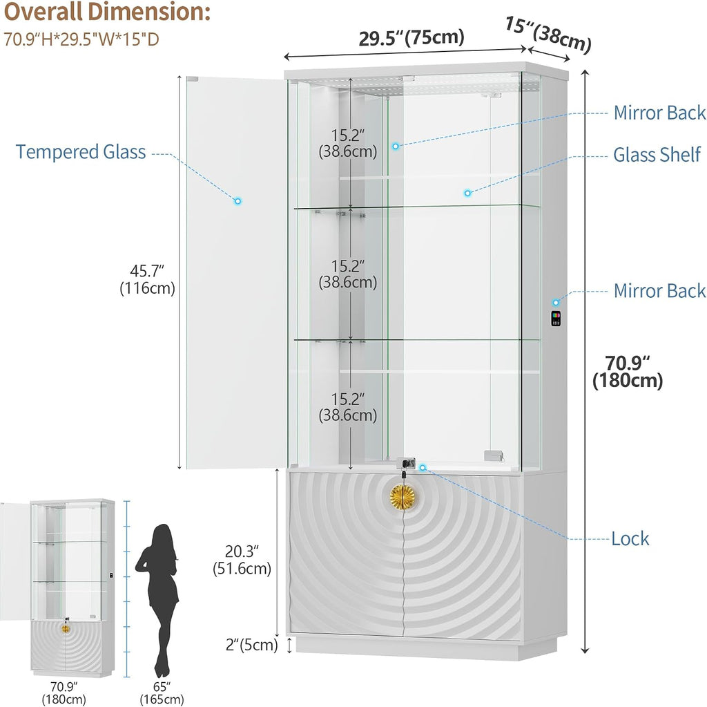 71'' Display Cabinet with Glass Doors,4-Tier Curio Cabinet with 3-Color Lights for Collectibles,Lockable Glass Display Case Human Body Sensor,Tall Bookcase w/Shelves&Door Panel,White