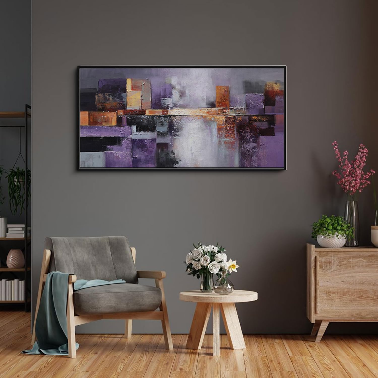 yiijeah Abstract Purple Wall Decor Bedroom Canvas Bathroom Art Picture Items for Women Framed Artwork Print 48x24 Inches