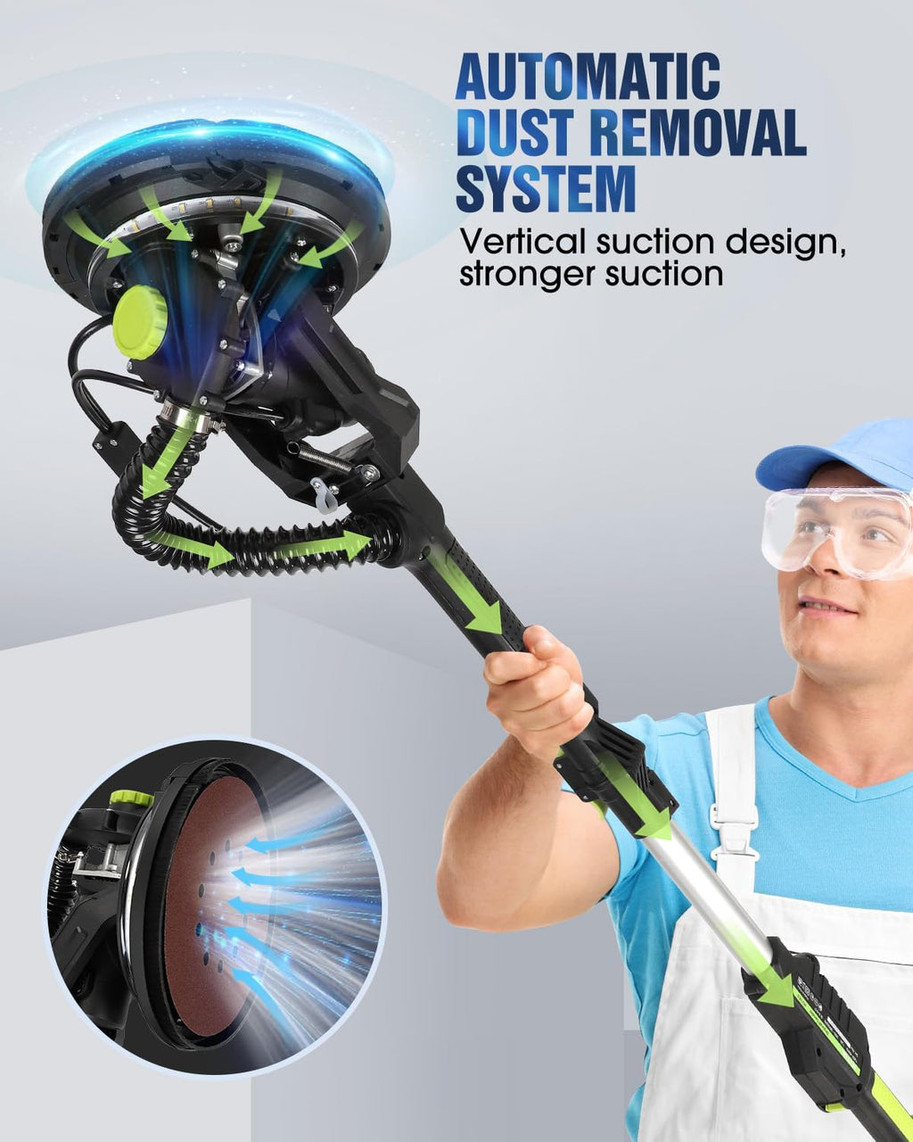 MYTOL Drywall Sander, 7.2A Electric Drywall Sander with Vacuum Dust Collection, LED Light, 6 Variable Speed Digital Display 900-1800RPM, Foldable & Extendable Handle