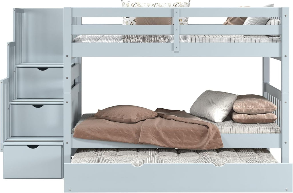 Bedz King Stairway Bunk Beds Twin Over Twin, 3 Step Drawers and a Twin Trundle, Breezy Blue