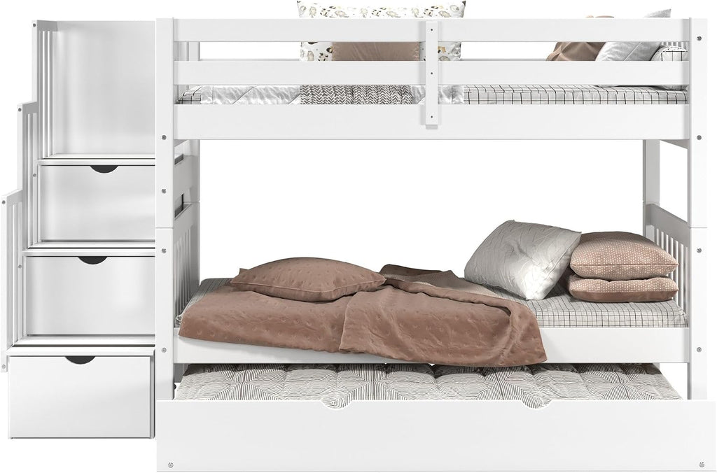 Bedz King Stairway Bunk Beds Twin Over Twin, 3 Step Drawers and a Twin Trundle, White