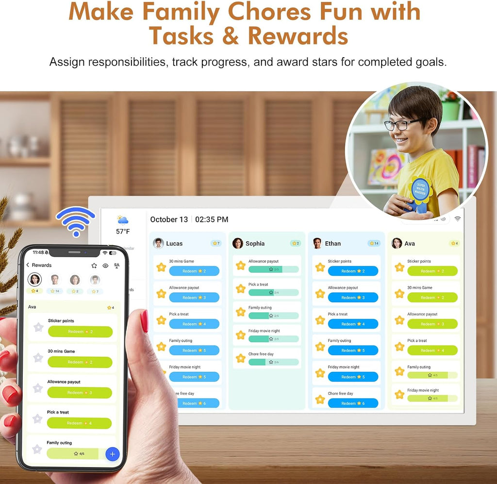 24' Digital Wall Calendar Chore-Chart-for-Planner - Touchscreen Display Smart Calendar for Family Monthly/Weekly Planner, To Do List Notepad, Streamline Household Organization, Desk Mount Included