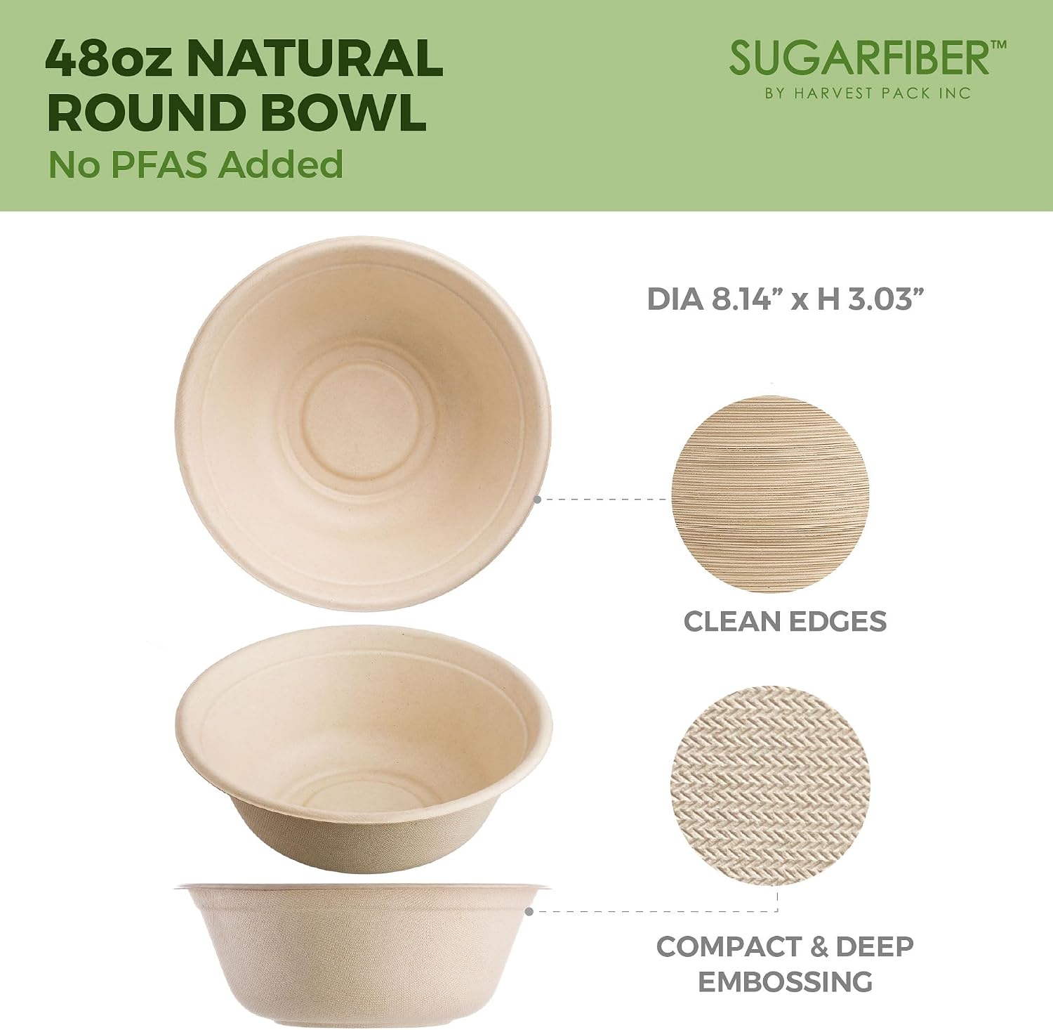[500 COUNT]Harvest Pack PFAS FREE 48oz Round Compostable Bowls, Heavy-Duty Eco-Friendly Disposable Bagasse Large Soup Paper Bowls, sugarcane made for Meal Prep Takeout Dinnerware, Microwave Safe