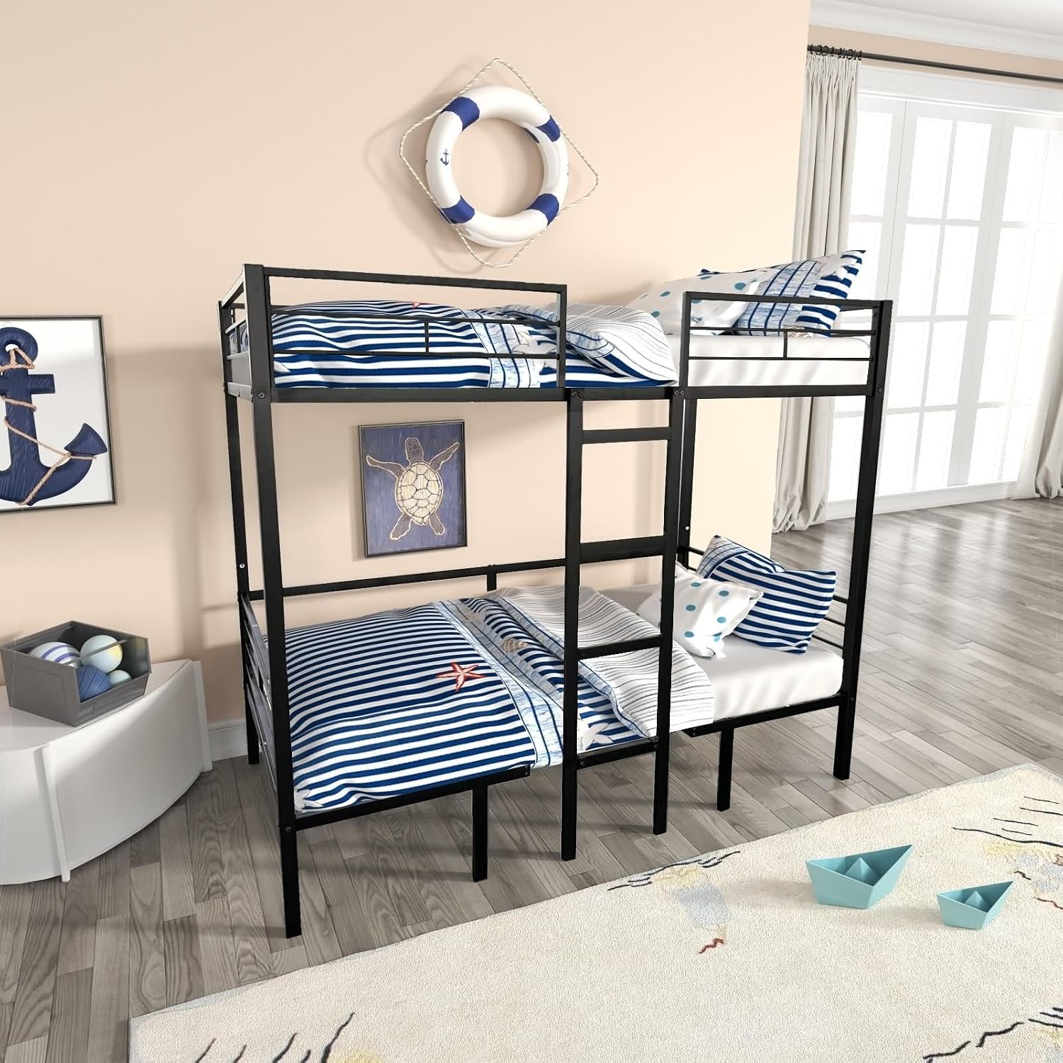 Black Bed Frame, Bed Frame for Adults Full Over Full with Table Set Transformable Steel 77.95' L x 56.3' W x 68.9' H