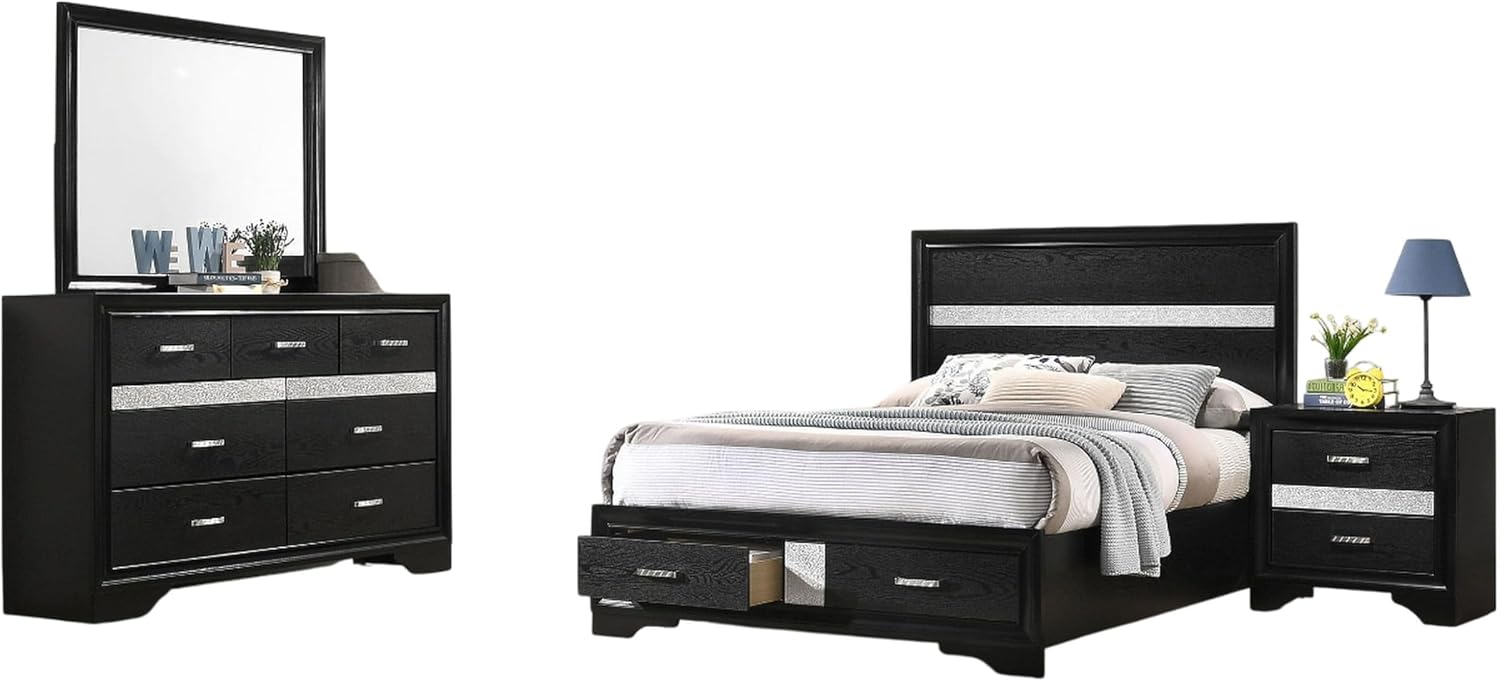 Benjara Vino 4pc Full Bedroom Set- Storage Footboard- Black/Glitter Stripes