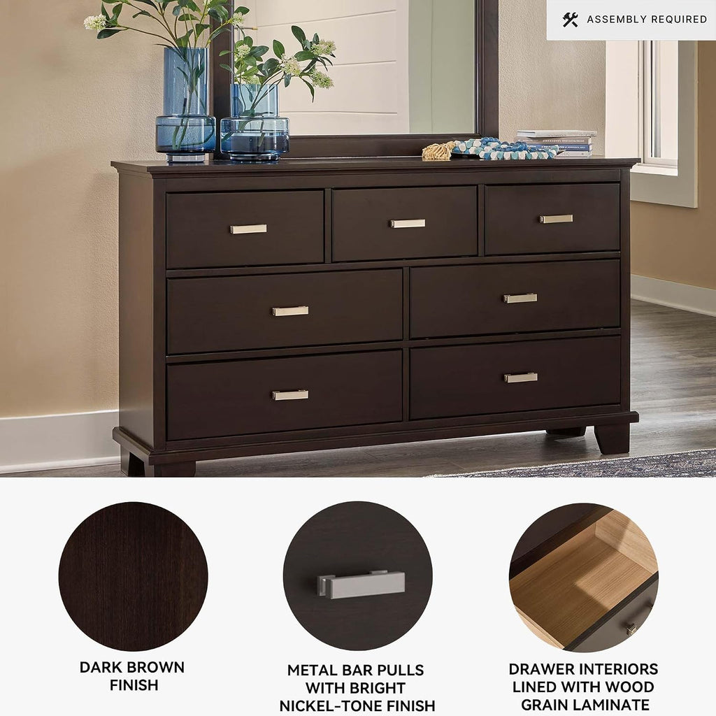 Signature Design by Ashley Covetown Contemporary 7-Drawer Dresser and Mirror with Safety Stop, Dark Brown