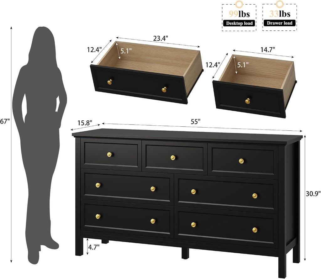 LYNSOM Black Dresser for Bedroom with 7 Drawers, Modern Wide Chest of Storage Drawer with Gold Handles, TV Stand Dresser, Wood Dressers for Bedroom, Living Room, Hallway, Entryway, 55''