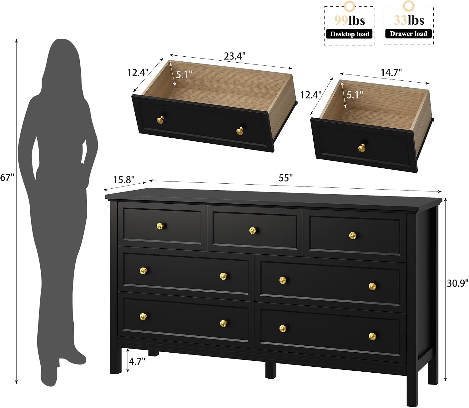 LYNSOM Black Dresser for Bedroom with 7 Drawers, Modern Wide Chest of Storage Drawer with Gold Handles, TV Stand Dresser, Wood Dressers for Bedroom, Living Room, Hallway, Entryway, 55''