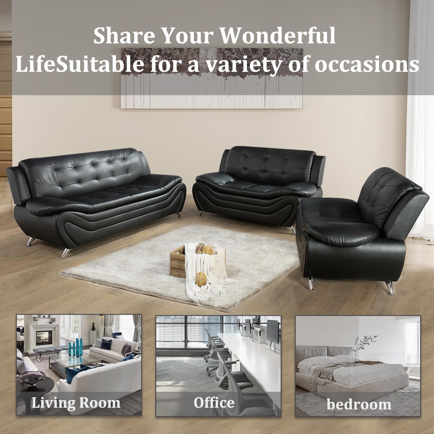 Contemporary Living Room Furniture Set, Vegan Leather Sofa Set for Living Room/House/Bedroom/Office/Apartment (Black, Sofa;Love;Chair)