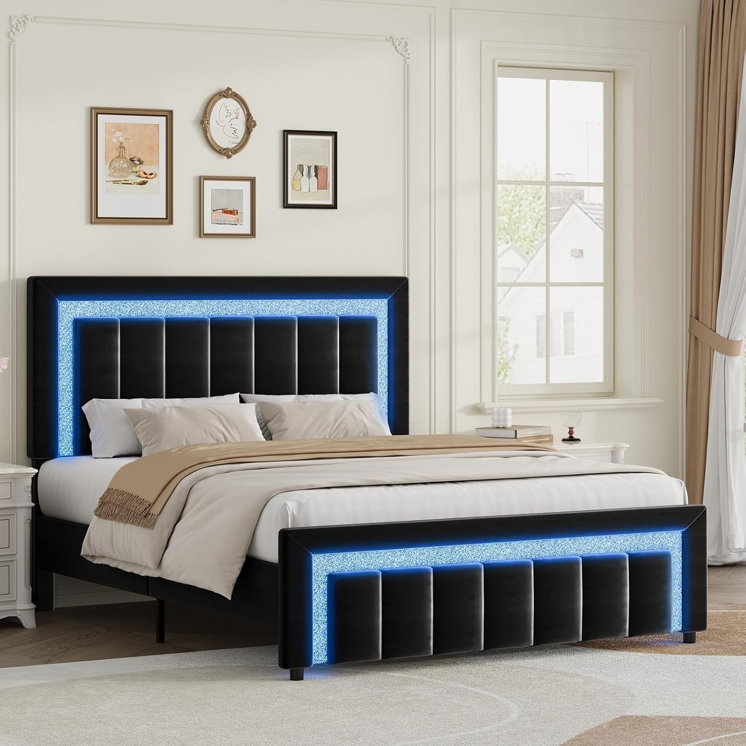 Queen Size Bed Frame with LED Lights and Velvet Upholstered Adjustable Headboard, Bed Frame Queen Size with Diamond Headboard & Footboard, Wooden Slats Support, Noise Free, No Box Spring Needed, Black