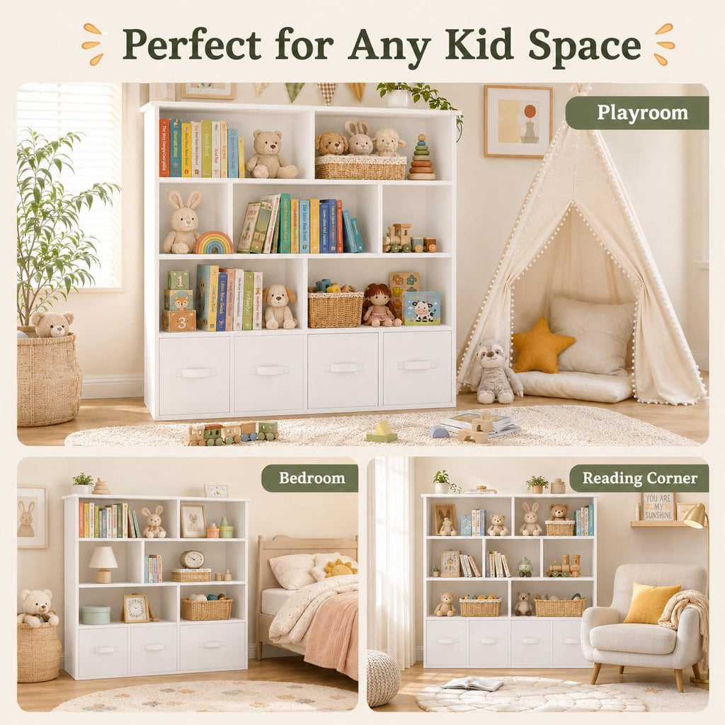 EROMMY Toy Storage Organizer and Kids Bookshelf, 7 Cubbies, 4 Drawers | 50'W x 47'H storage cabinet with anti-tip kit and removable fabric drawers for playrooms, bedrooms, and nurseries
