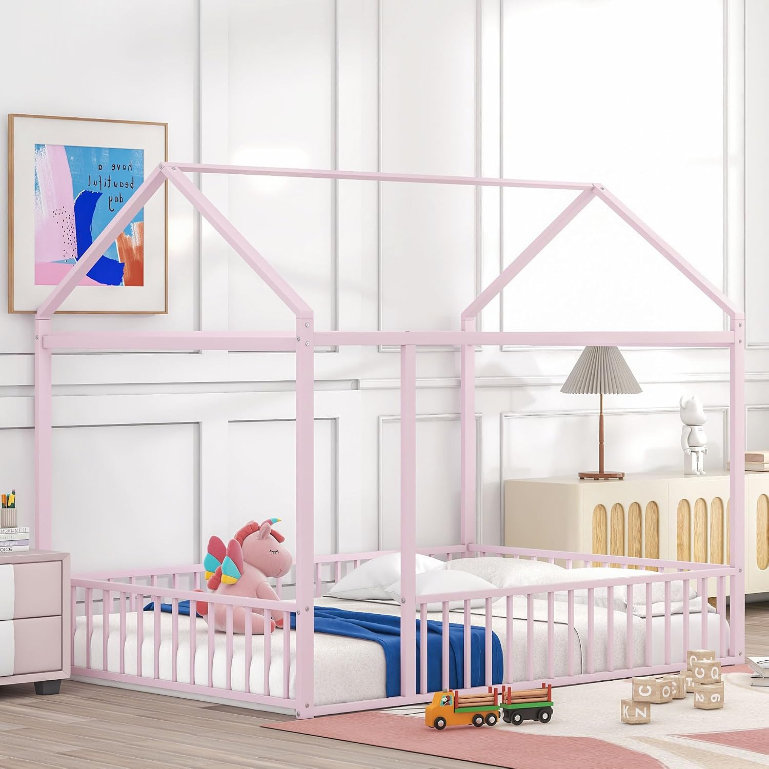 Merax Full Size Metal House Bed Frame with Fence for Kids,Teens,Girls,Boys,Semi-Enclosed Cabin Floor Bed for Bedroom,Pink