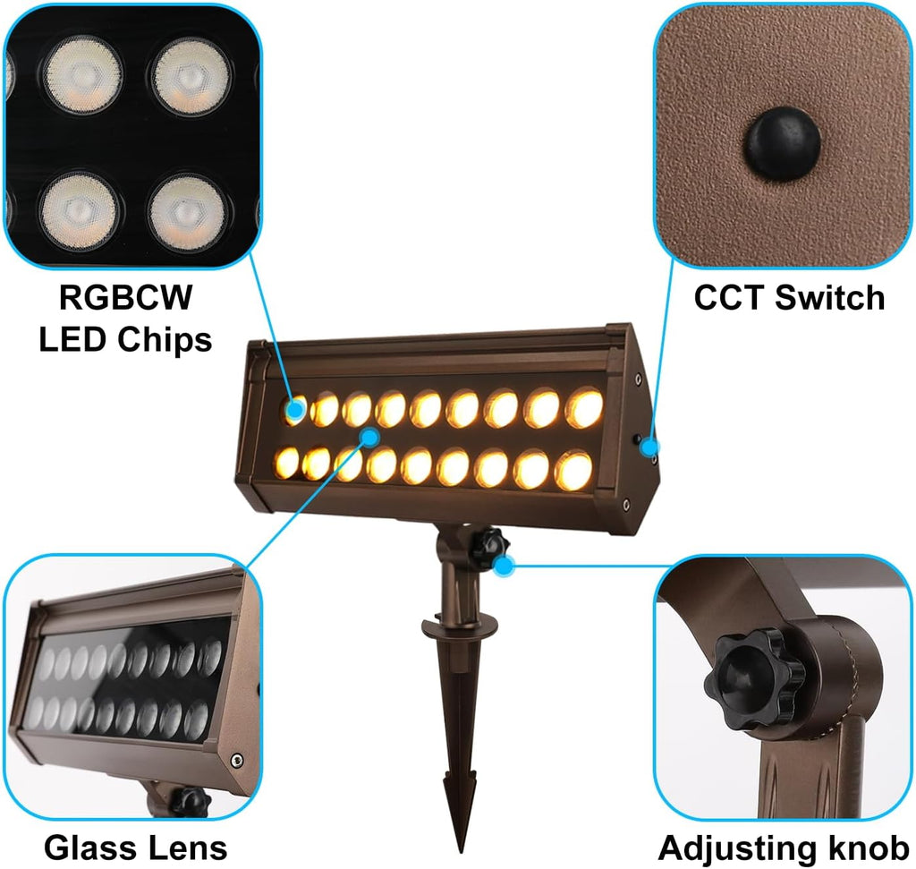 RGB Flood Lights Outdoor, 12V 9W LED Wired RGB Color Changing Low Voltage Landscape Flood Lighting for Outdoor Wall Washer House Uplight Tree, 1/2' NPT Threaded with Stake, Bronze, ETL, 4PK