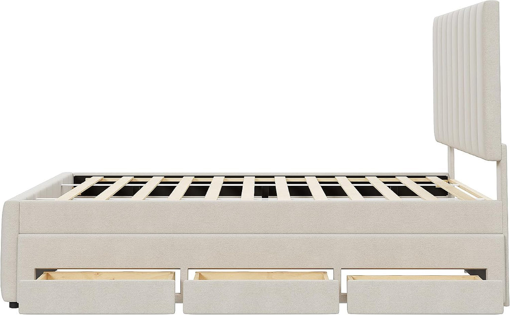VilroCaz Full Size Upholstered Platform Bed with Trundle and 3 Drawers, Linen Fabric Platform Bed Frame with Stripe Headboard, No Box Spring Needed, Space Savings (Beige-6.16)