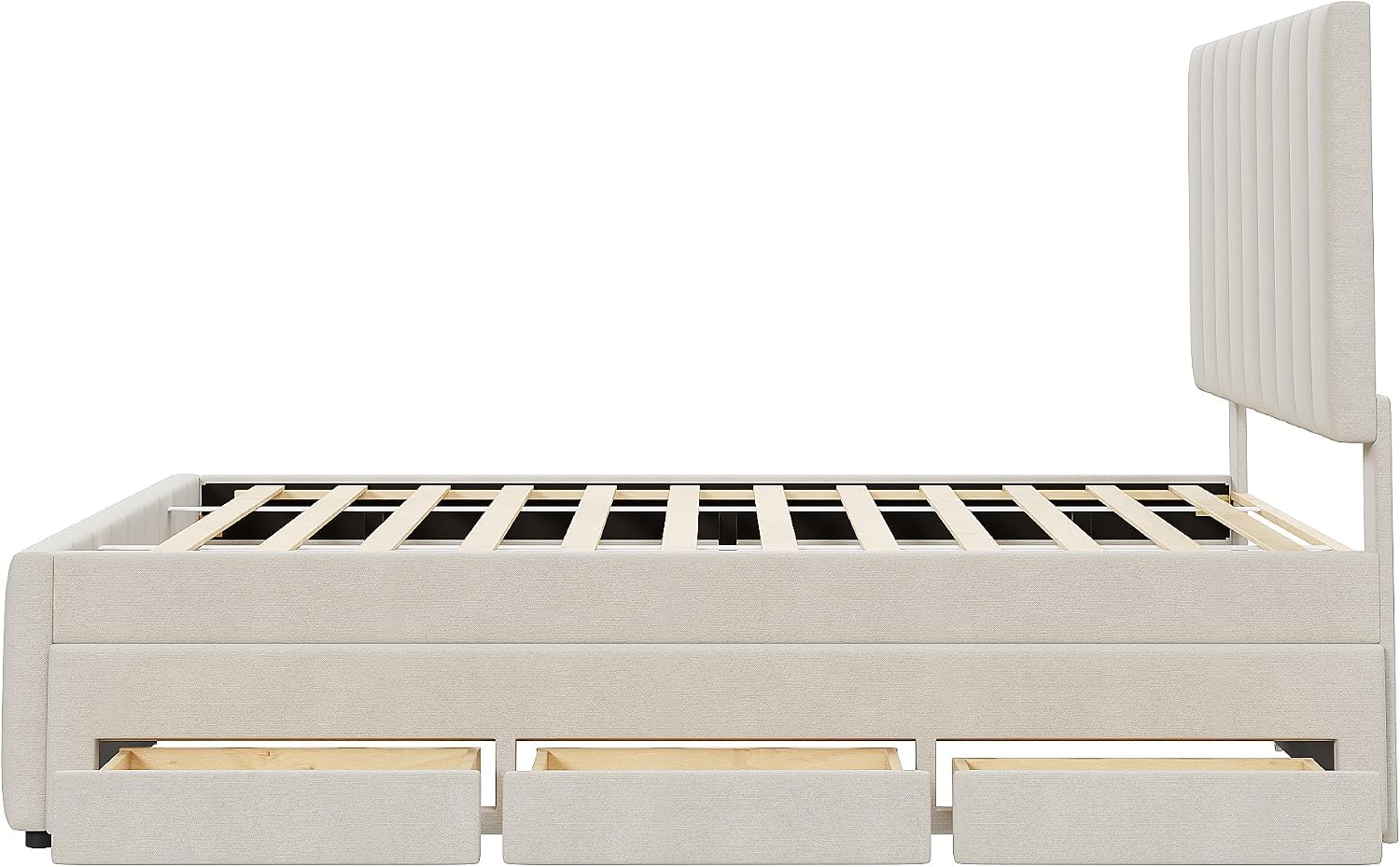 VilroCaz Full Size Upholstered Platform Bed with Trundle and 3 Drawers, Linen Fabric Platform Bed Frame with Stripe Headboard, No Box Spring Needed, Space Savings (Beige-6.16)