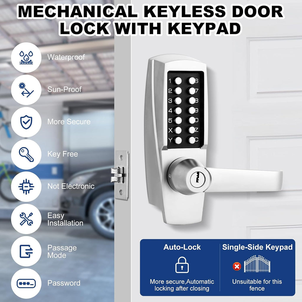 Mechanical Keypad Door Lock with Keys, Single Sided Combination Code Handle, Hold Open Lever, Fits 60 & 70mm Latch, Brushed Nickel for Front Gate Garage Warehouse Office Rental