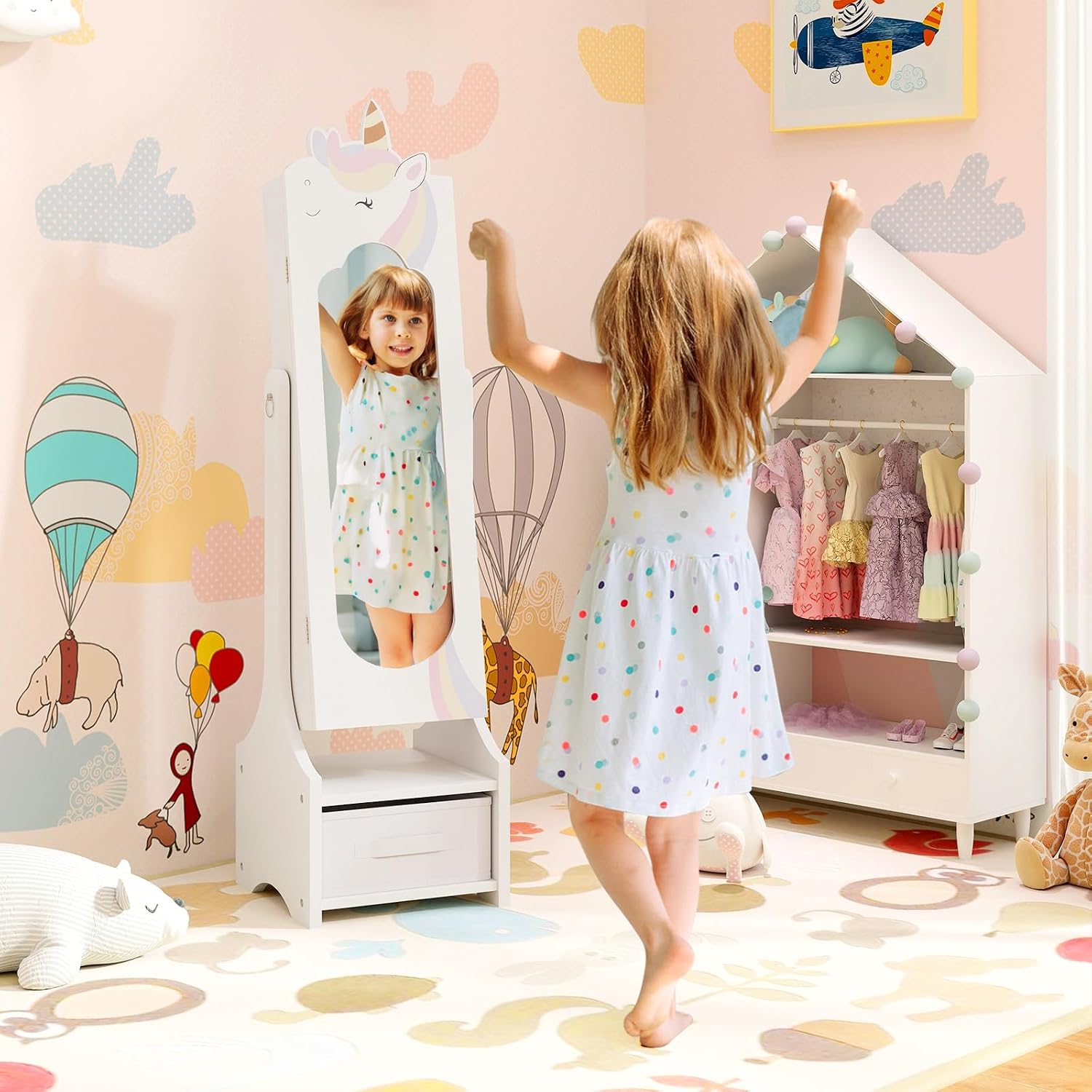 GLACER Kids Vanity & Kids Jewelry Armoire, Princess Little Girls Vanity, Standing Children Jewelry Organizer w/Full-Length Mirror & Foldable Drawers, Adjustable Angles, Kids Bedroom Set (White)
