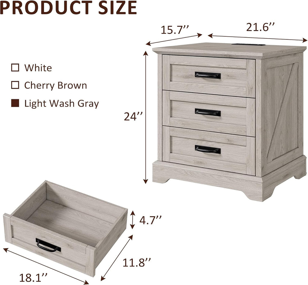 Whalefall Farmhouse Nightstand with Charging Station, 3 Drawers Bedside Table, 22 inch Wide End Table for Bedroom, Light Wash Grey