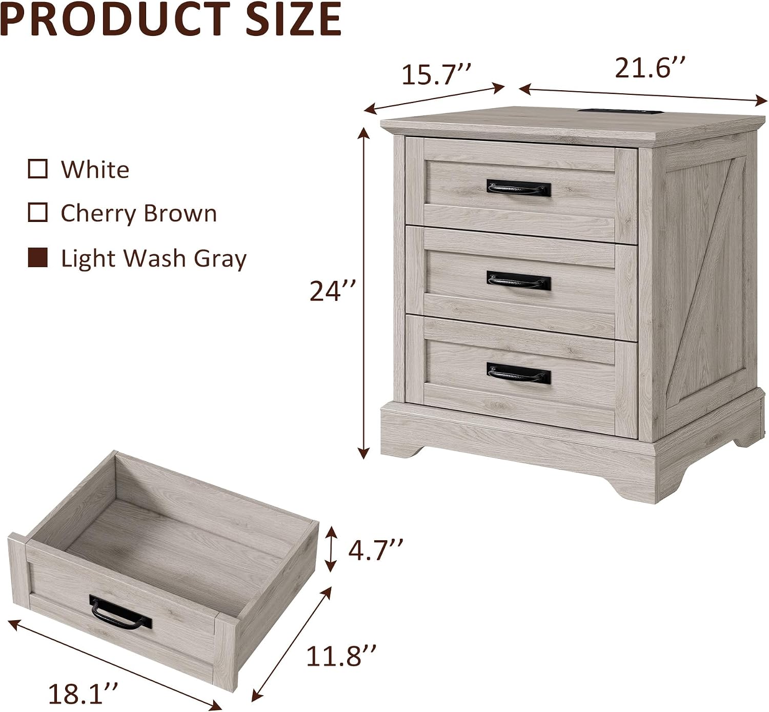 Whalefall Farmhouse Nightstand with Charging Station, 3 Drawers Bedside Table, 22 inch Wide End Table for Bedroom, Light Wash Grey