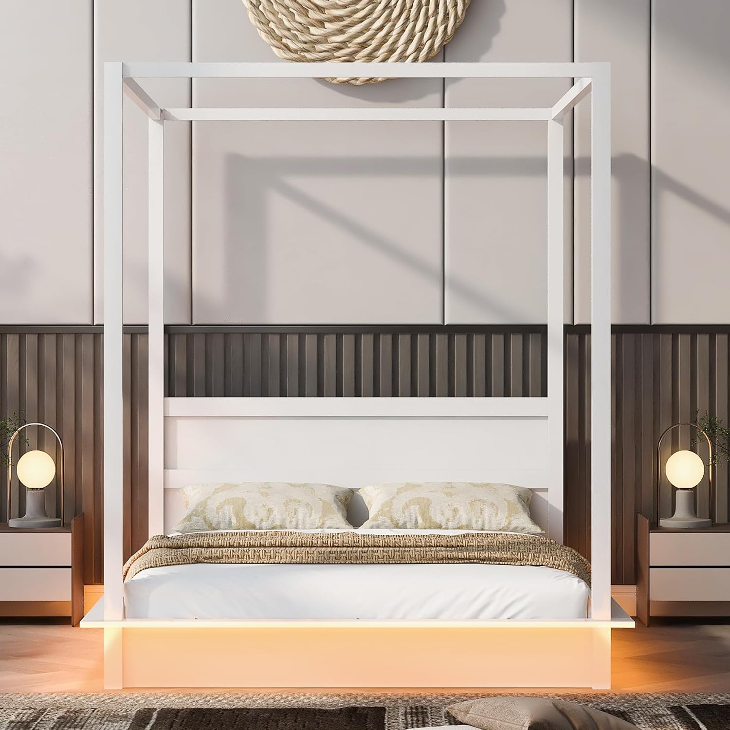 Queen Size Canopy Platform Bed with LED Lights and Headboard, Wooden 4-Post Canopy Bed Frame with Support Slats, No Box Spring Needed (Queen)