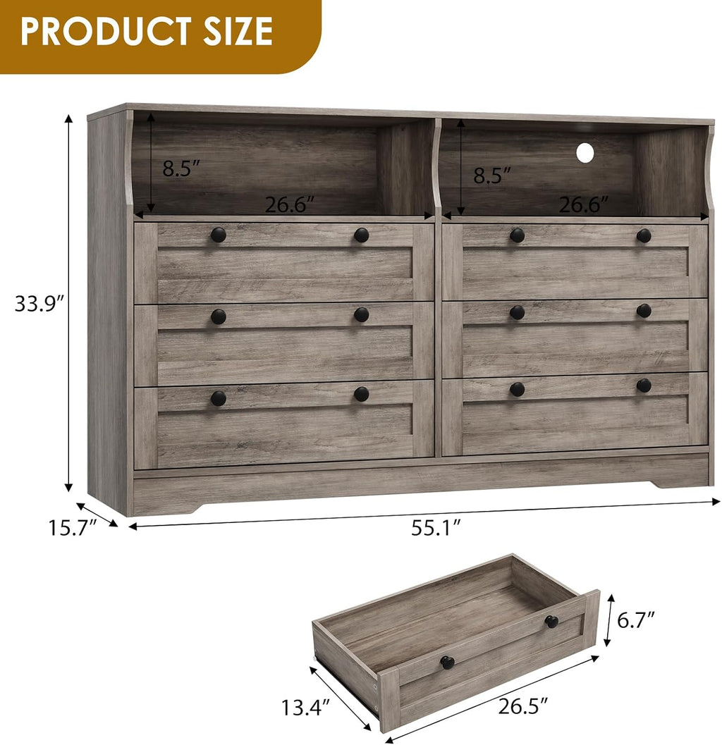 Garvee 6 Drawer Dresser for Bedroom, with RGB LED Lights & Power Outlet, 55' Wide Chests of Drawers Dresser TV Stand for 55 Inch TV, for Closet, Living Room, Entryway