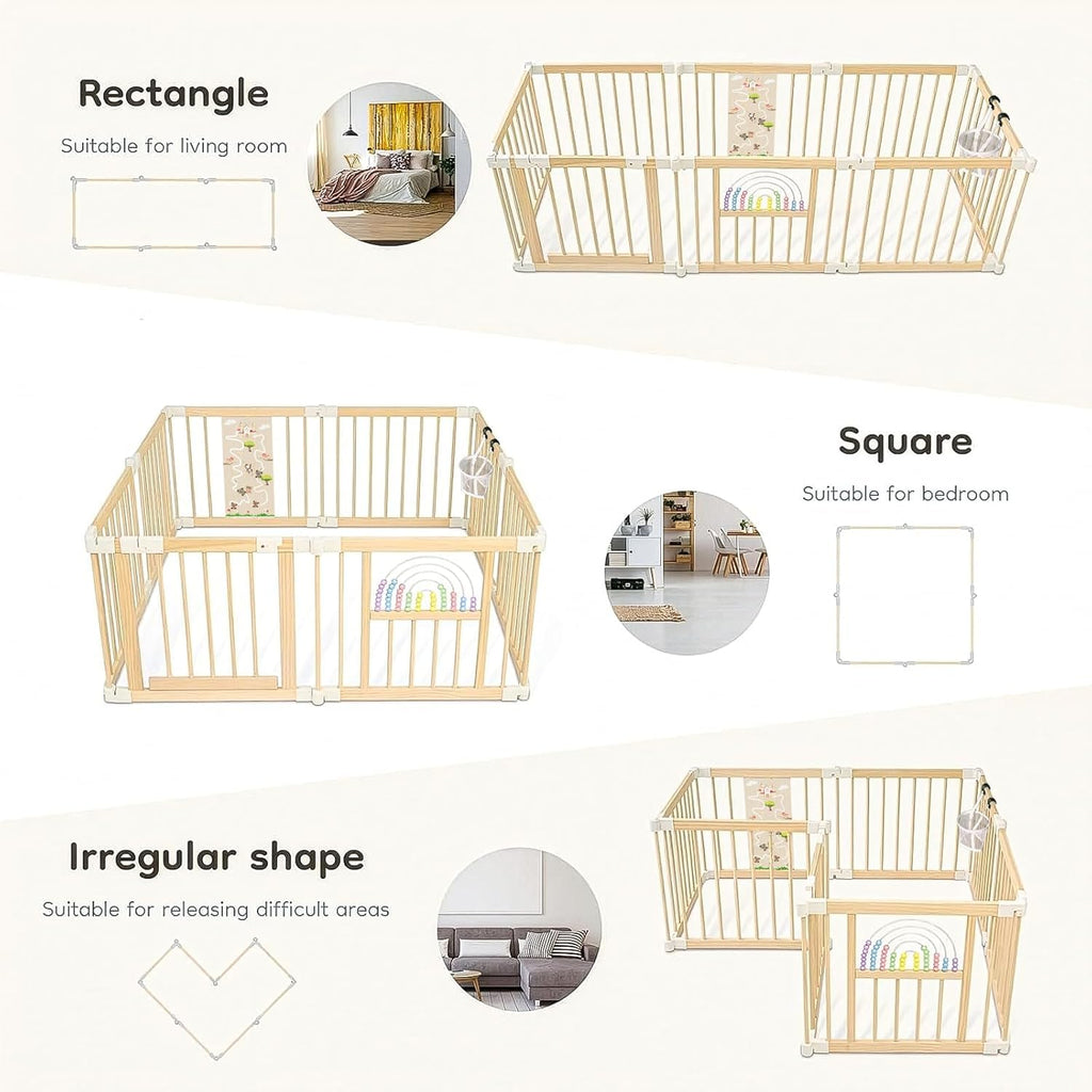 Ulnxiy Wooden Baby Playpen with Montessori Toys, 8-Panel Foldable Wood Play Yard for Toddlers, 56'x56' Large Baby Fence with Safety Lock, CPC Certified Natural Pine Wood Activity Center