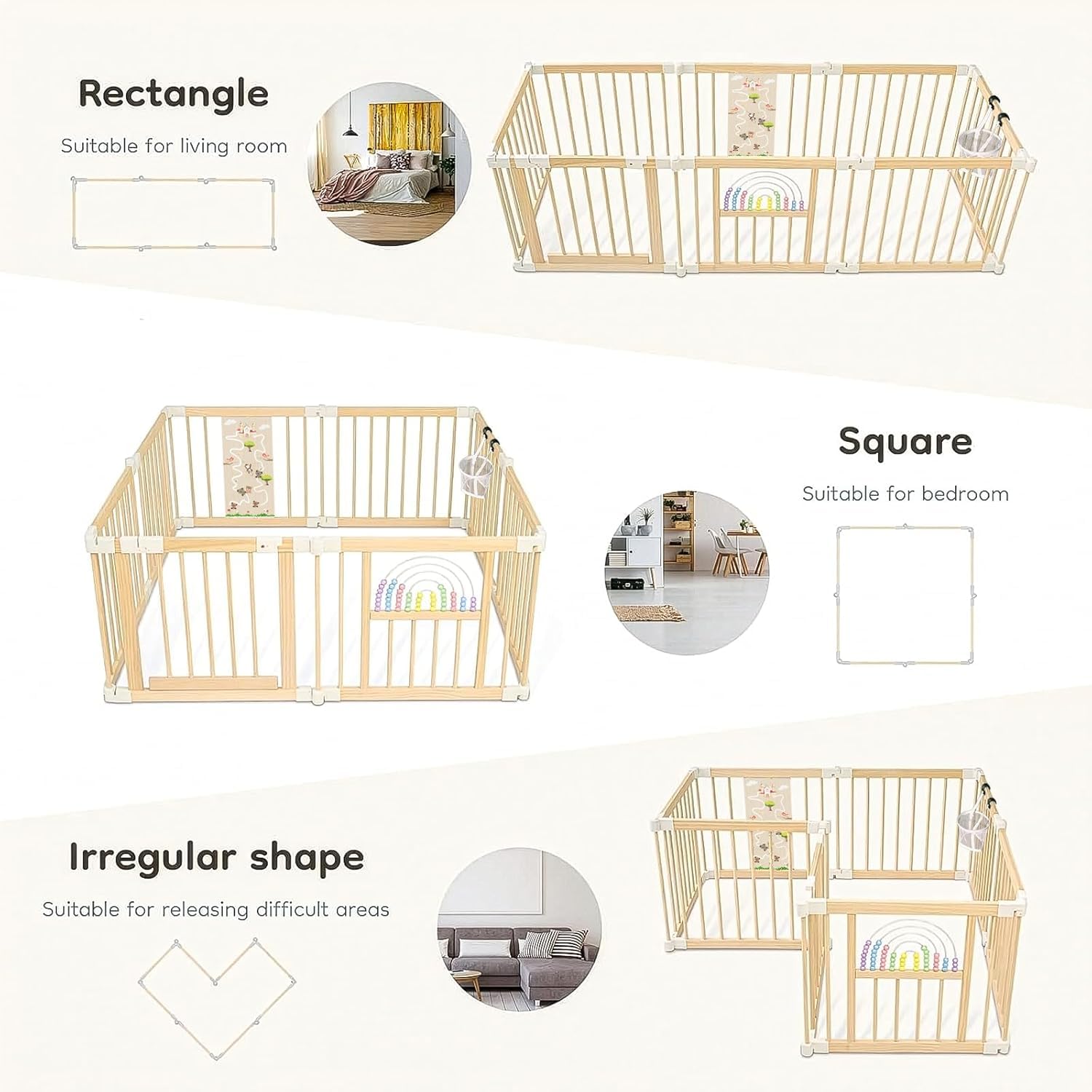 Ulnxiy Wooden Baby Playpen with Montessori Toys, 8-Panel Foldable Wood Play Yard for Toddlers, 56'x56' Large Baby Fence with Safety Lock, CPC Certified Natural Pine Wood Activity Center