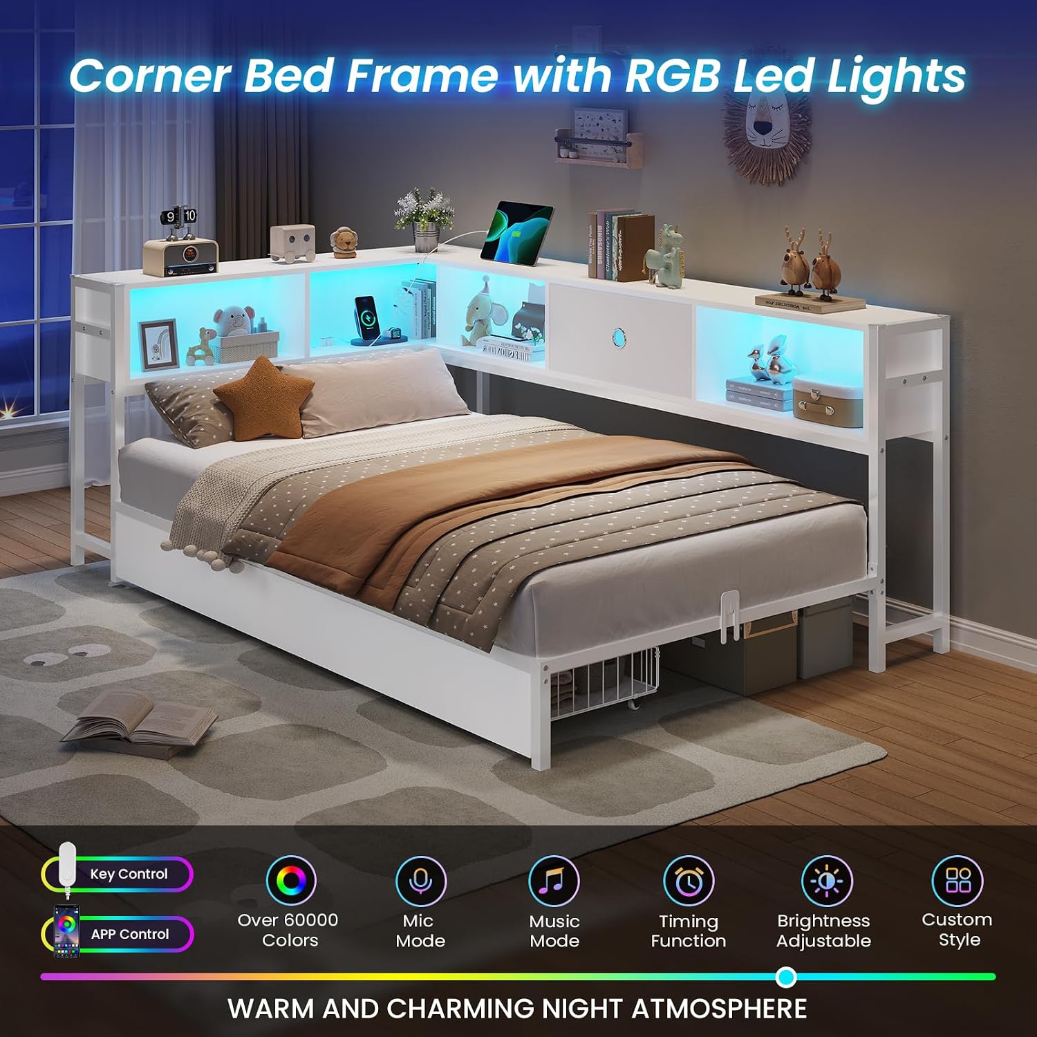 DICTAC Twin Corner Bed Frame with Storage Drawers and Bookcase Twin Size Metal Corner Platform Bed Frame with Led Lights and Charging Station Twin Size Daybed for Kids and Teen,Saving Space,White