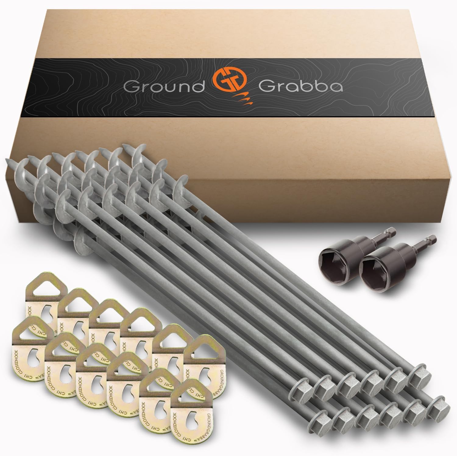 GROUNDGRABBA Screw in Tent Stake for Normal to Hard Ground | Premium Drill Driven Ground Anchor Earth Screws | 12X Pro II Stakes (2 Foot), 12X GroundGrabba Closed Hooks, 1X 5/8' Hex Socket Driver