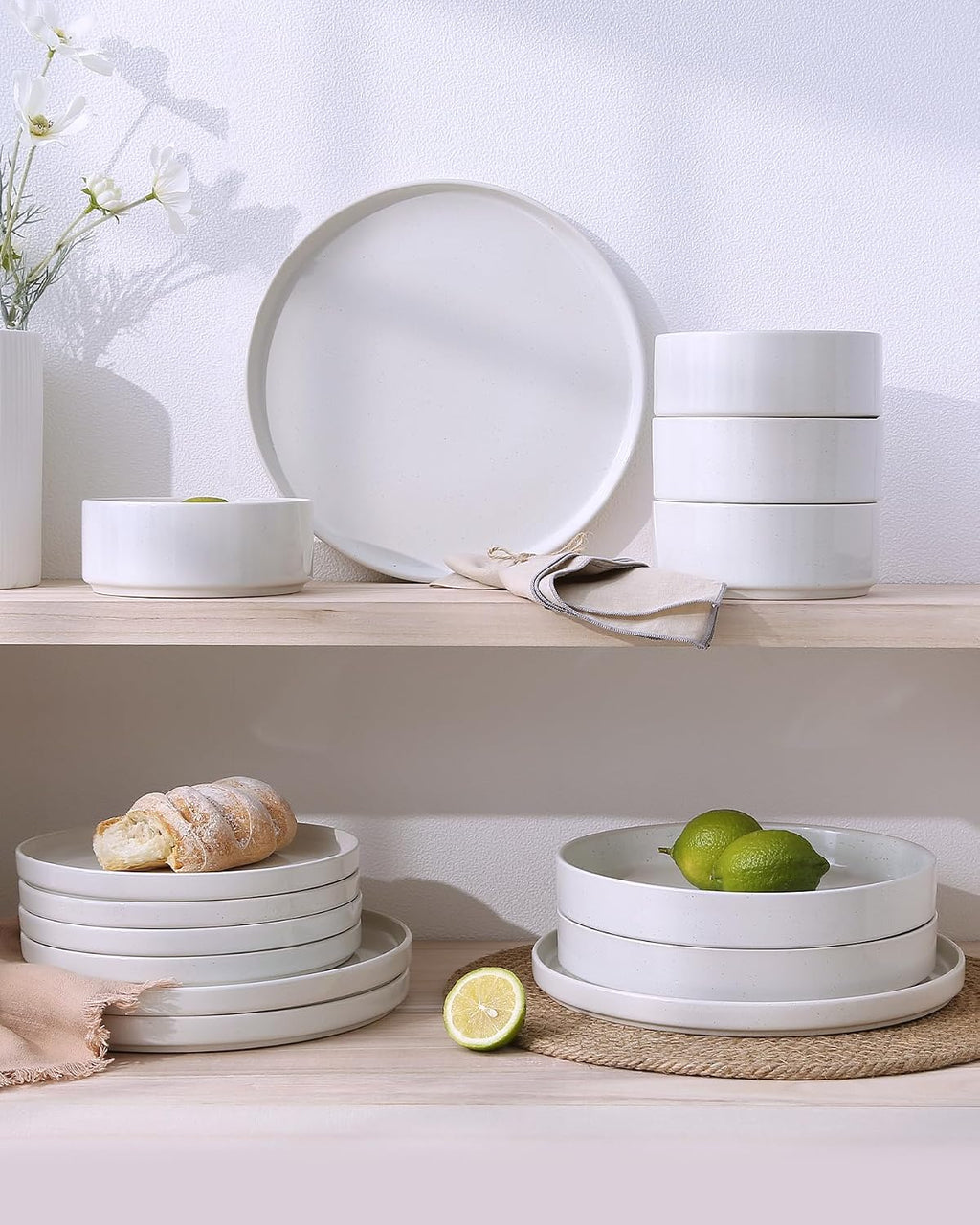 Famiware Nebula Dinnerware Sets with Mugs, Service for 6 (24 Pieces), Fine Stoneware Plates and Bowls Sets, Microwave and Dishwasher Safe Dishes Set, White