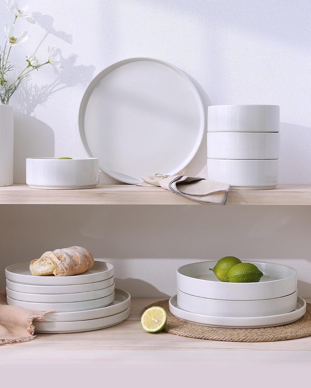 Famiware Nebula Dinnerware Sets with Mugs, Service for 6 (24 Pieces), Fine Stoneware Plates and Bowls Sets, Microwave and Dishwasher Safe Dishes Set, White
