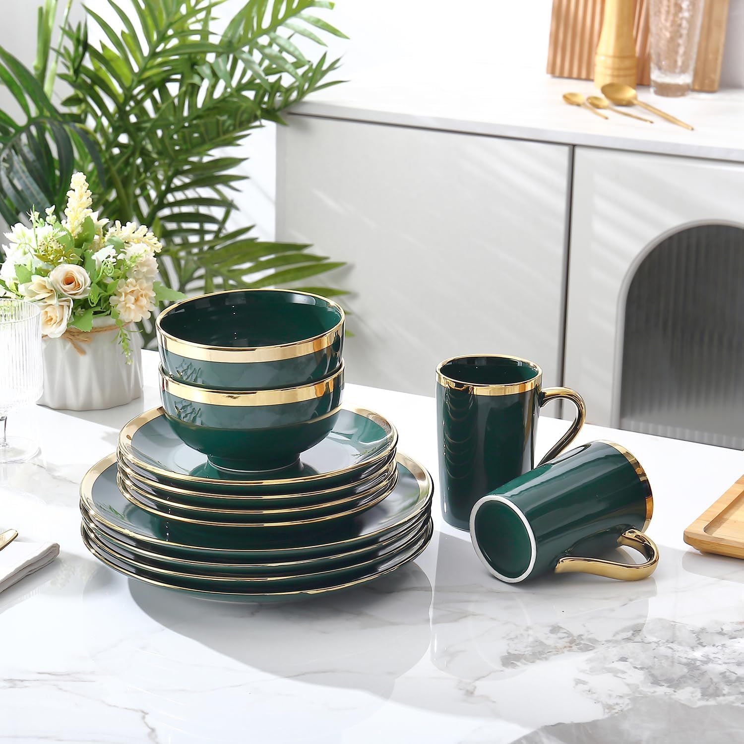 Modern 16 Piece Porcelain Green and Gold Dinnerware Set, Stoneware Dinnerware Sets for 4, Plates and Bowls Sets, Dish Set with Gold Trim,Dishes