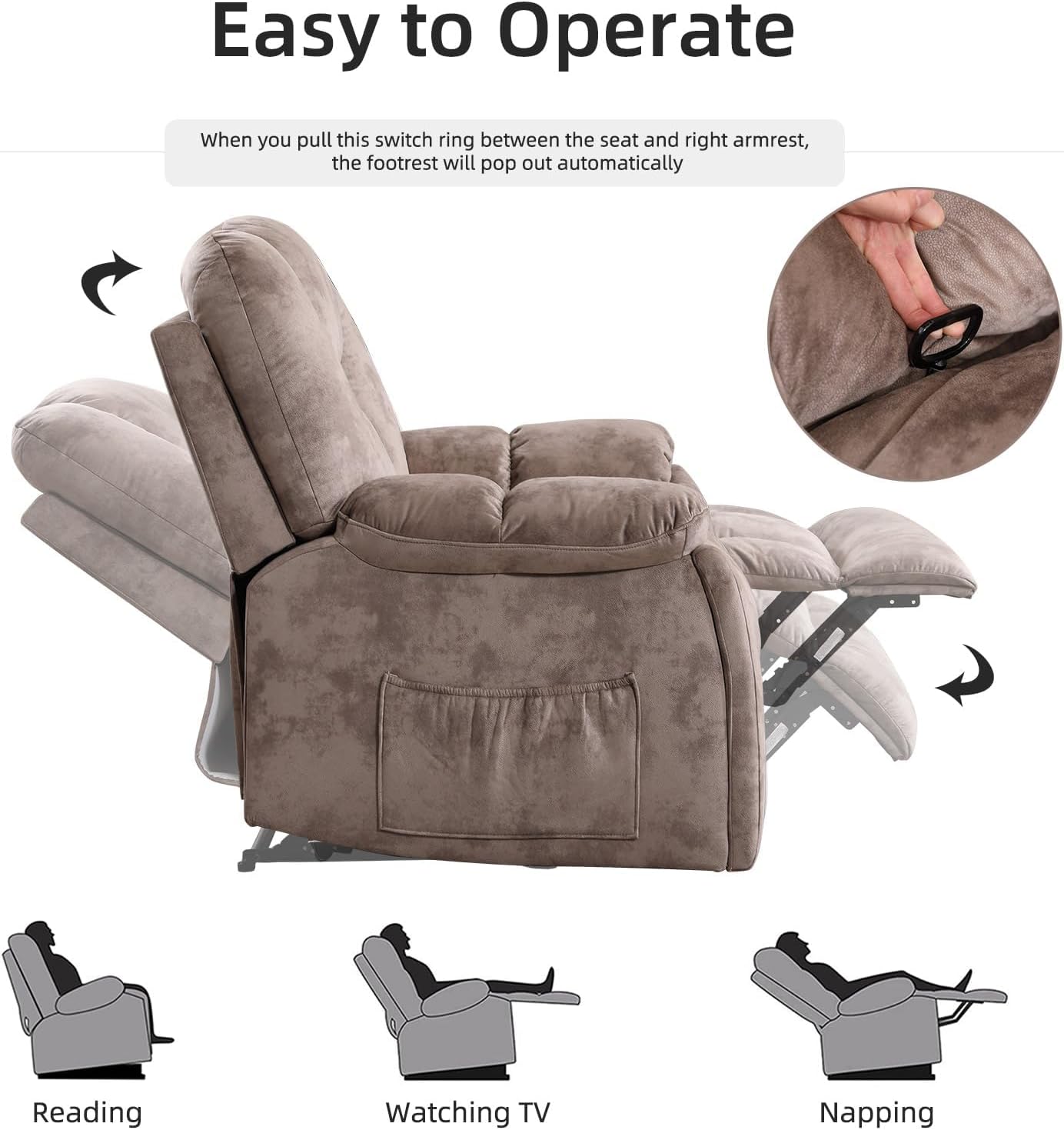EBELLO Reclining Living Room Set, Soft Fabric Manual Recliner Sofa Furniture Set, Includes 2 Recliner Chairs with Massage and Heat and 3 Seat Sofa, Light Brown