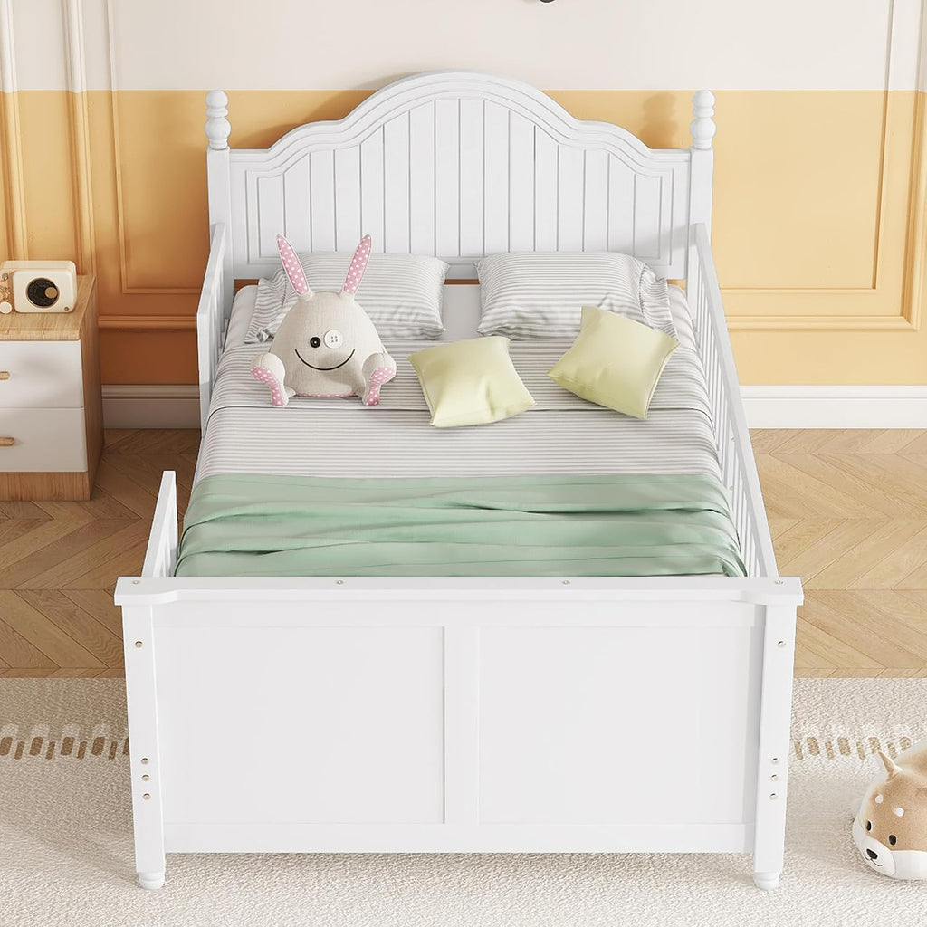 KEIKI Twin Size Wooden Floor Bed w/Safety Removable Rails, Kids Platform DayBed Frame w/Headboard, Low Profile, Space Saving Day Beds for Boys Girls Bedroom, No Box Spring Needed, Easy Assembly, White