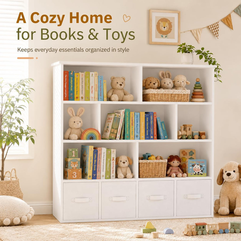 EROMMY Toy Storage Organizer and Kids Bookshelf, 7 Cubbies, 4 Drawers | 50'W x 47'H storage cabinet with anti-tip kit and removable fabric drawers for playrooms, bedrooms, and nurseries