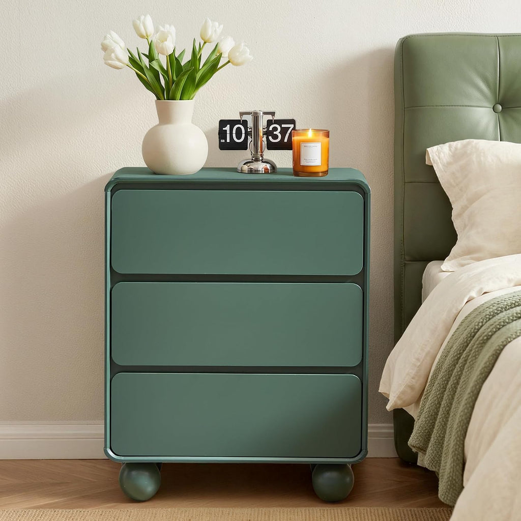 AVZEAR Modern3 Drawer Dresser for Bedroom, Curved Wooden Dresser Chest of Drawers, 3 Drawer Nightstand Closet Clothes Storage Organizer for Kids Bedroom, Living Room, Nursery, Green