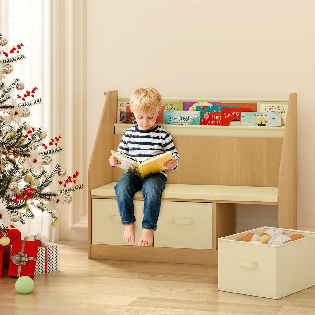 Kids Reading Nook and Storage Organizer - Large Book Storage with 3 Drawer Bench 3 Tier Book Sling, Bag Hook Perfect Book Nook for Ages 3-12 Chirstmas Gift