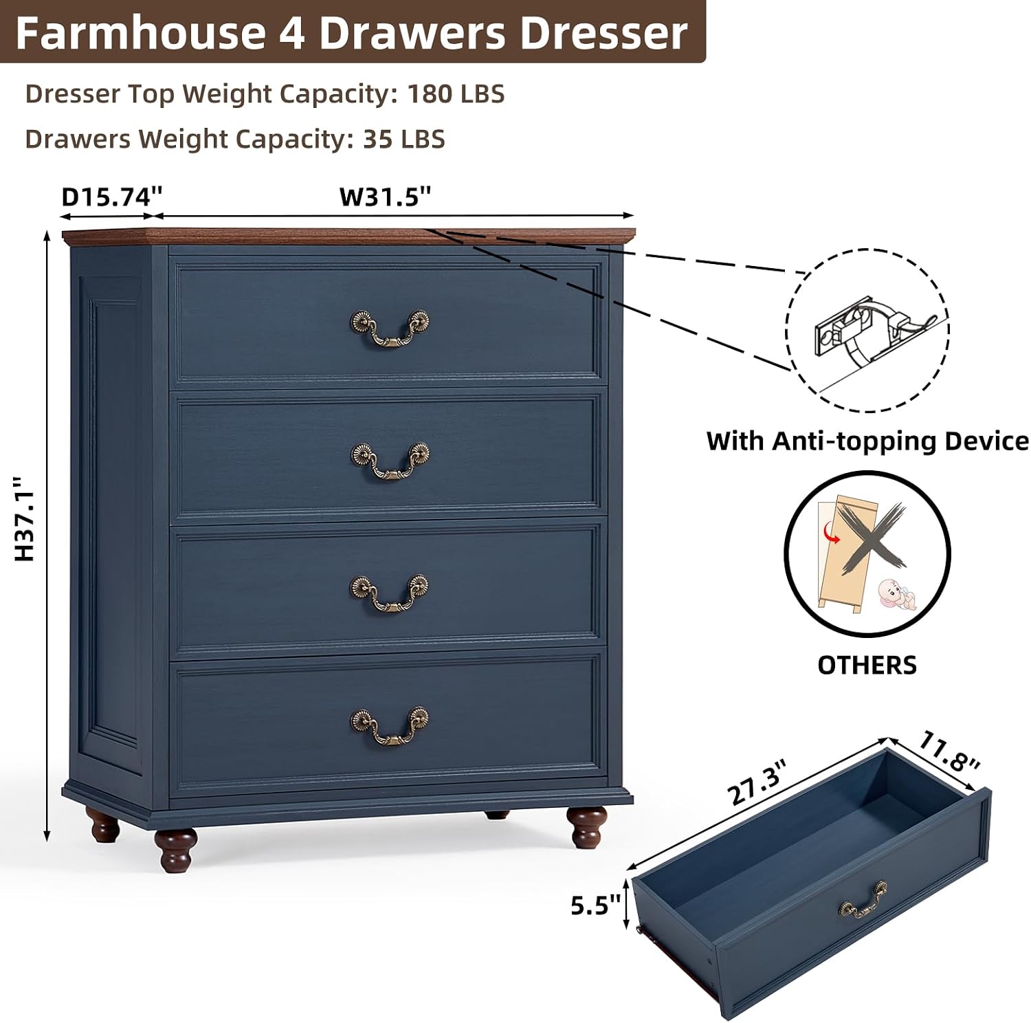 Joaxswe Bedroom Sets, 54' Wide 7 Drawers Dresser and 37' Tall 4 Drawers Dresser, Wooden 2 Piece Bedroom Furniture Set, Chest of Drawer for Bedroom, Home, Living Room, Hallway, Navy Blue