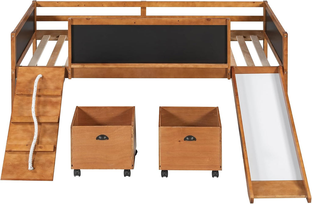 JIVOIT Twin Size Low Loft Bed with Climbing Frame & Rope, Wood Loft Bed Frame with Two Storage Boxes, Slide and Double-Sided Chalkboard, Pine Wood Bed Frame for Teens (Natrual+Rope)