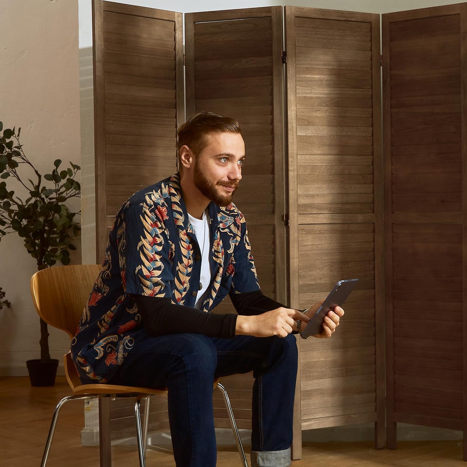 Room Dividers and Folding Privacy Screens, Wood Louvered Separators Divider Wall for Home Office Bedroom - 4 Panels, 67 * 60inch (Brown)