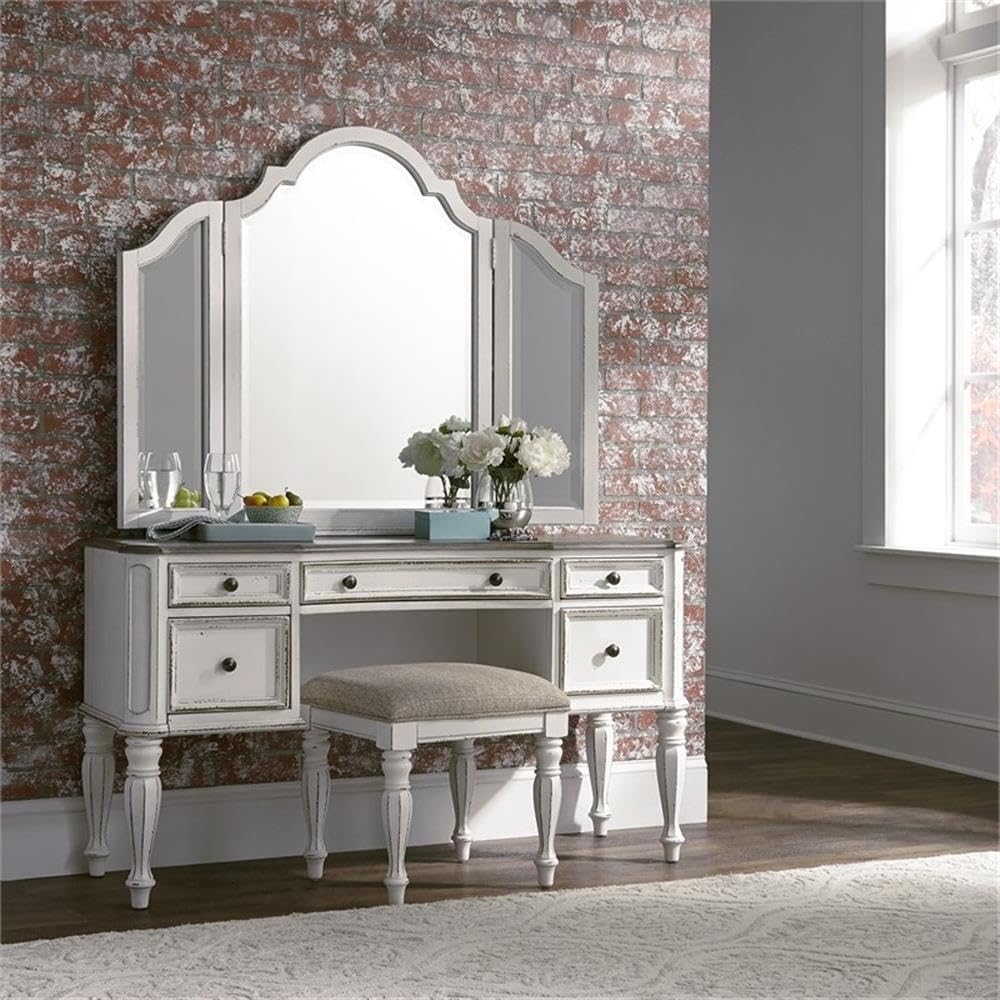 Pemberly Row Contemporary Magnolia Manor 3-Piece Vanity Set, Antique White and Weathered Brown Finish, Ivory Tweed Chenille Upholstered Stool, Trifold Mirror, Bedroom Furniture