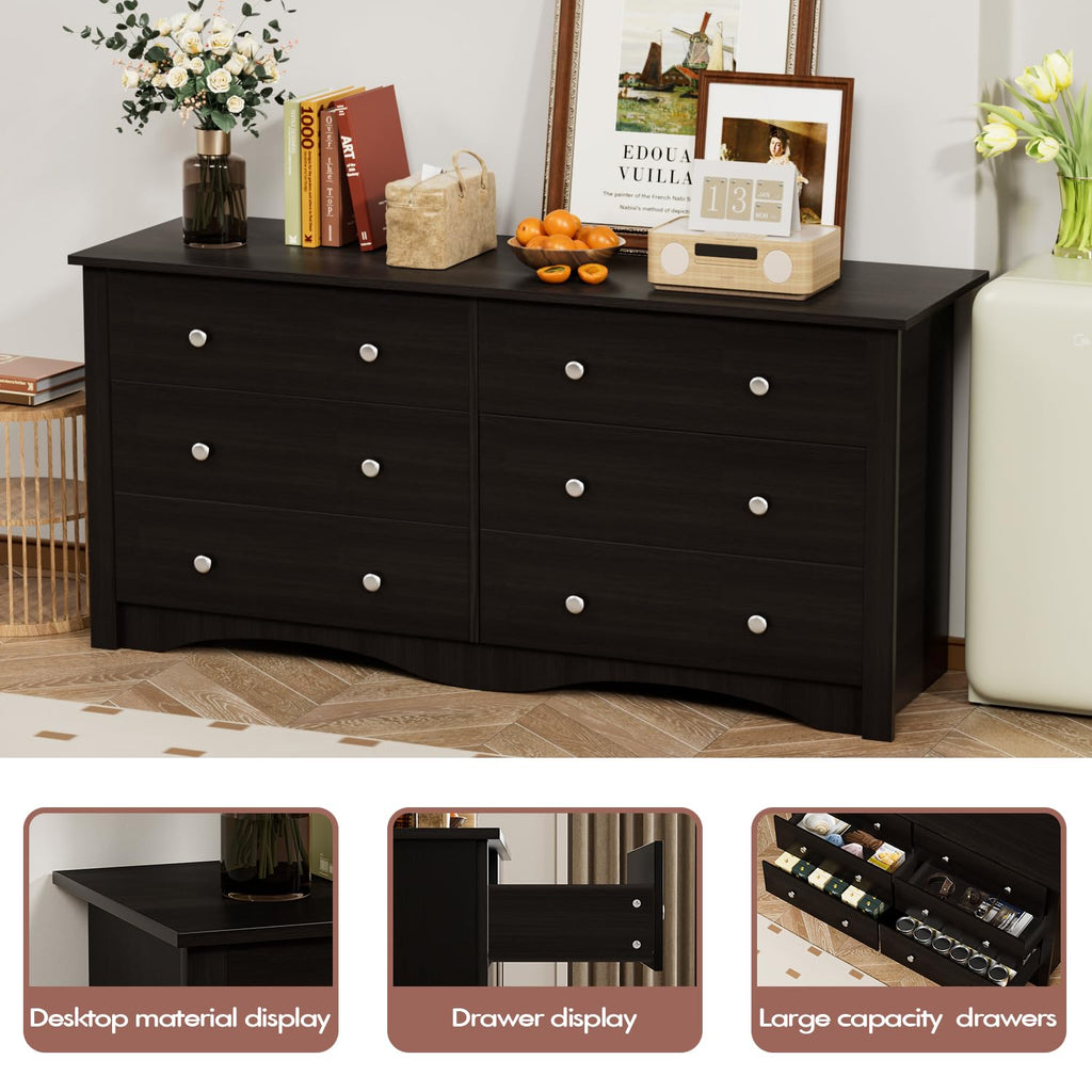 YESHOMY Black Dresser for Bedroom with 6 Drawers, 47.2' Wide Modern Chest of Drawers, Wooden Dresser, Storage Organizer for Living Room, Hallway