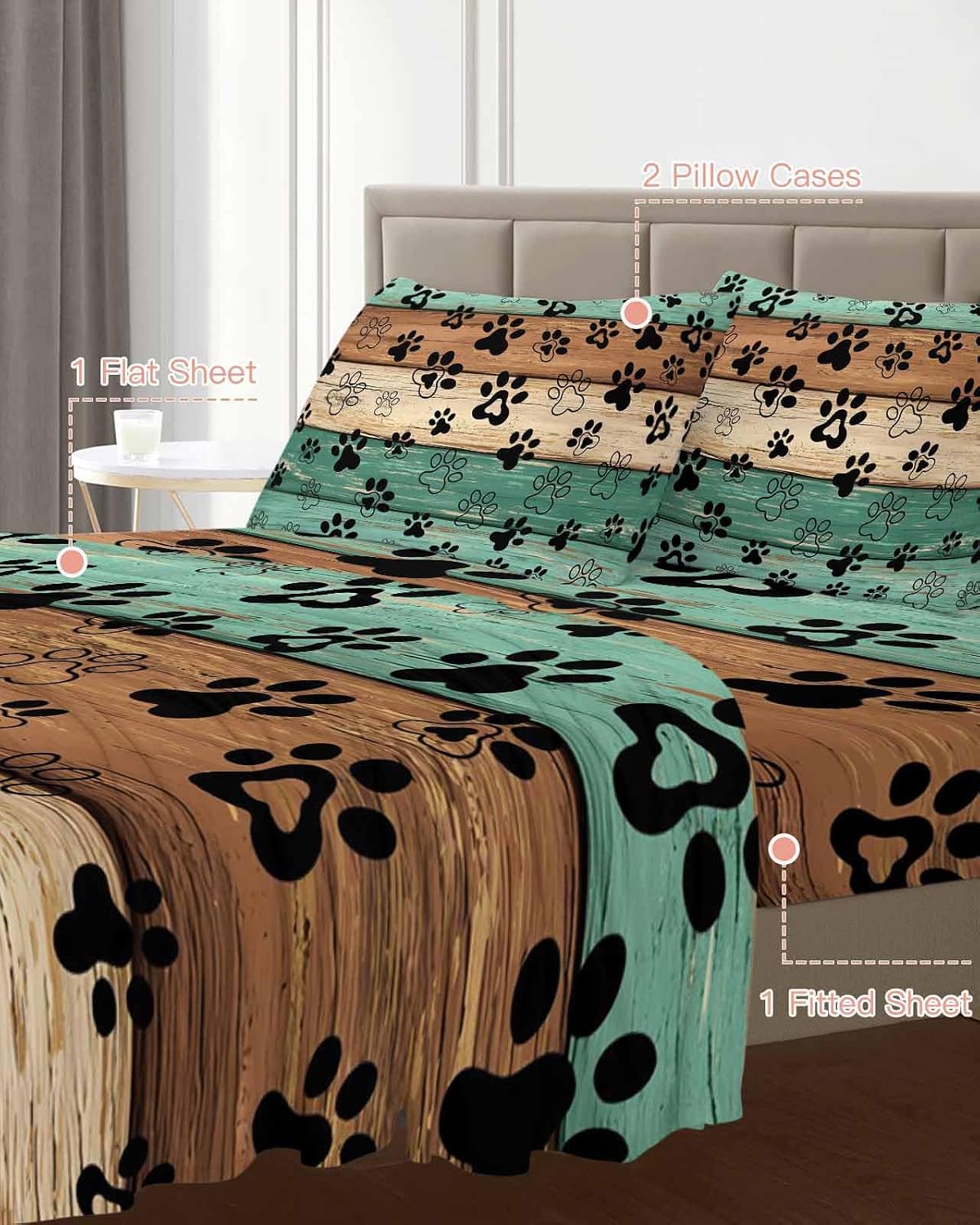 Teal Green Brown Cal King Sheet Set 4 Piece Bedding - Farmhouse Dog Paw Vintage Breathable Comfy Cooling Bed Sheets & Pillowcase Sets, Hotel Luxury Flat Sheets Deep Pockets Fitted Sheet for Women Men