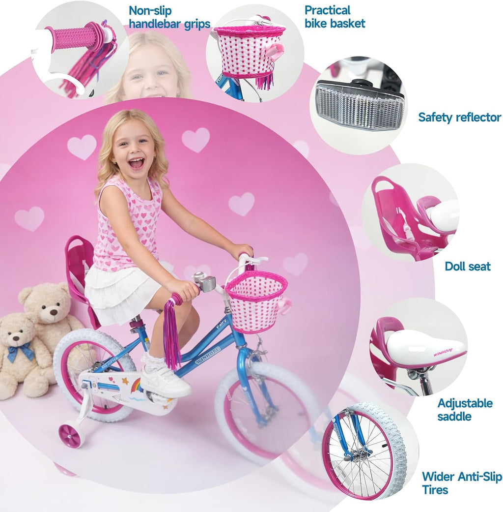 WinHope Girls Bike with Doll Seat, 12 14 16 18 20 Inch Kids Bike for 2-12 | Dual Brake with Training Wheels / Kickstand & Streamers Birthday Gift for Toddler Outdoor Riding, Multiple Colors