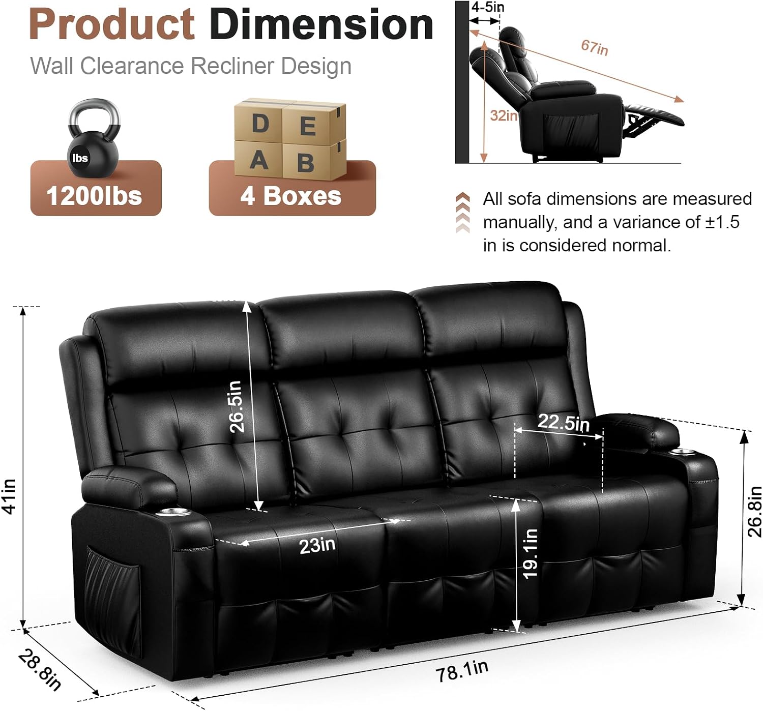 Recliner Sofa, Massage Reclining Sofa 3 Seater Sets Heavy Weight Capacity, RV Loveseat Clearance, Recliner Couch with Storage, Cup Holders, Wall Hugger Couches for Living Room