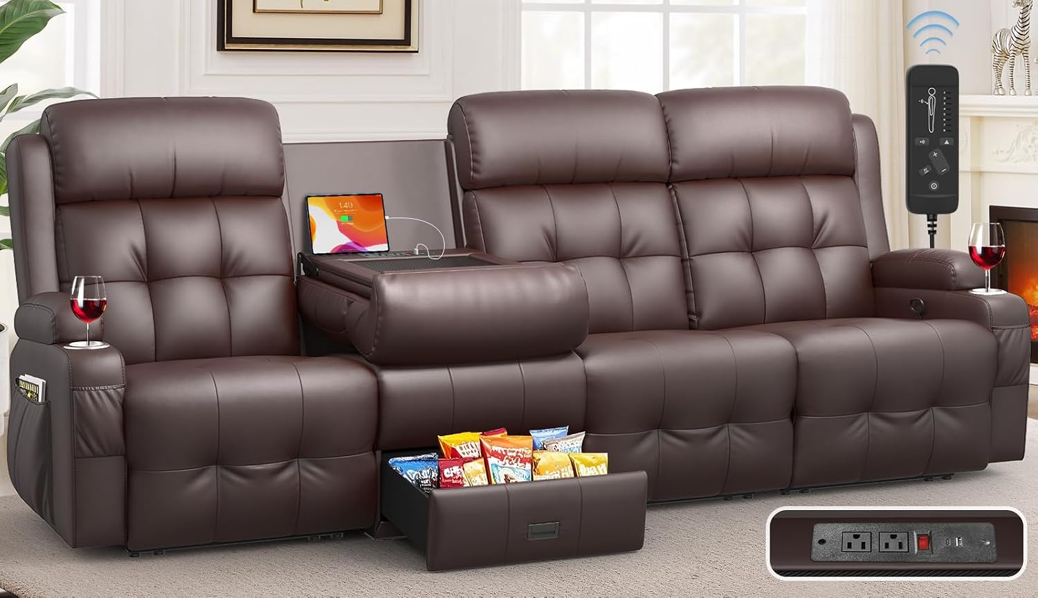 Recliner Sofa, Massage Flip Back Reclining Sofa 4 Seater Sets Heavy Weight Capacity, RV Loveseat Clearance, Recliner Couch with Storage, Cup Holders, Wall Hugger Couches for Living Room