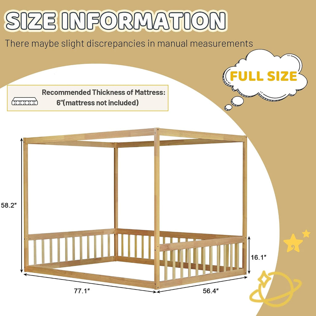 Canopy Bed Frame Full with 4 Posters and Guardrails, Rubber Wood Full Size Montessori Floor Bed with Canopy Frame, Safe and Stylish Canopy Bed Full for Kids Girls Boys,Natural