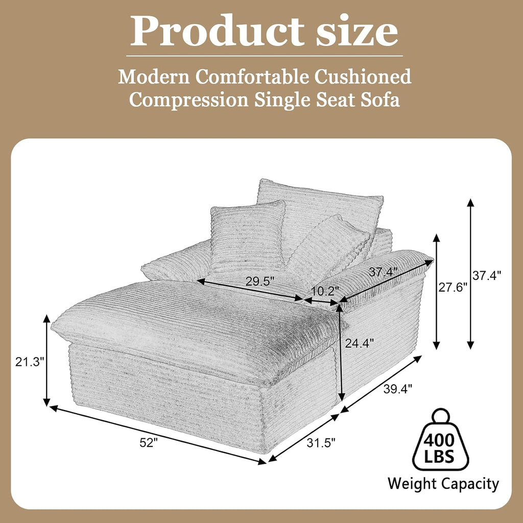 52' Oversized Chaise Lounge Chair Indoor, Corduroy Boneless Chaise Lounge with 2 Pillows, Comfy Reading Chair with Ottoman, Black Sleeper Chair for Adults Living Room Bedroom Apartment (Black)