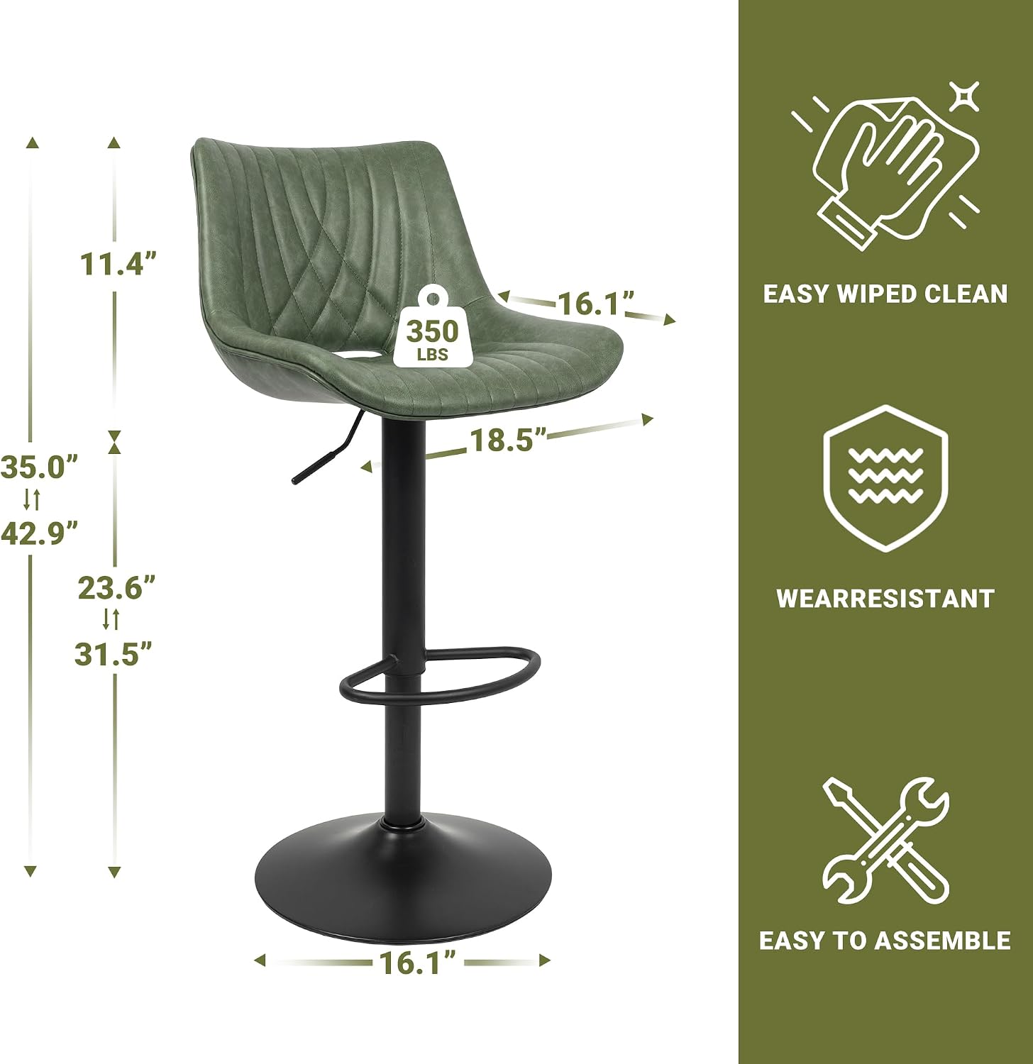 Swivel Bar Stools Set of 4, Height Adjustable Counter Height Bar Stools with Open Back and Footrest, Premium Faux PU Leather, Modern Upholstered Bar Chairs for Kitchen Island/Bar/Counter, Green