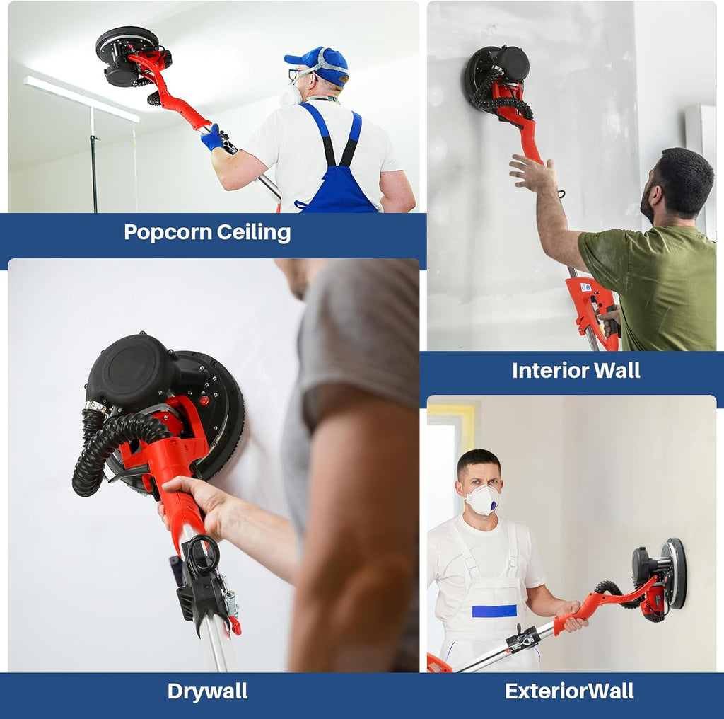 950W 8-Amp Drywall Sander with Vacuum Attachment, Lijadora para Drywall, 7 Variable Speed with Vacuum Dust Collector, Lightweight with 360° Light for Ceilng Floor Plastered Popcorn (Red)
